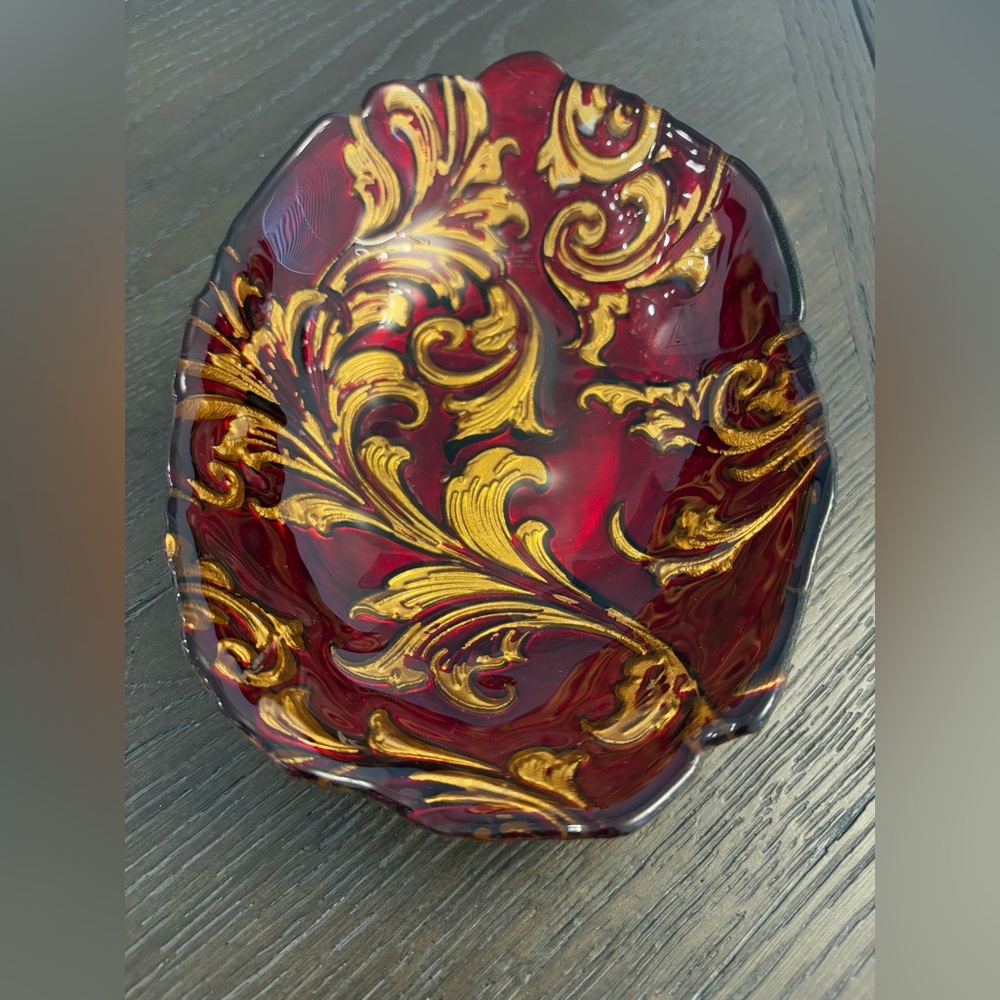 Goofus Red Gold Scroll Glass Oval Candy Trinket Dish Regal Regency 8” x 6” - Picture 4 of 6